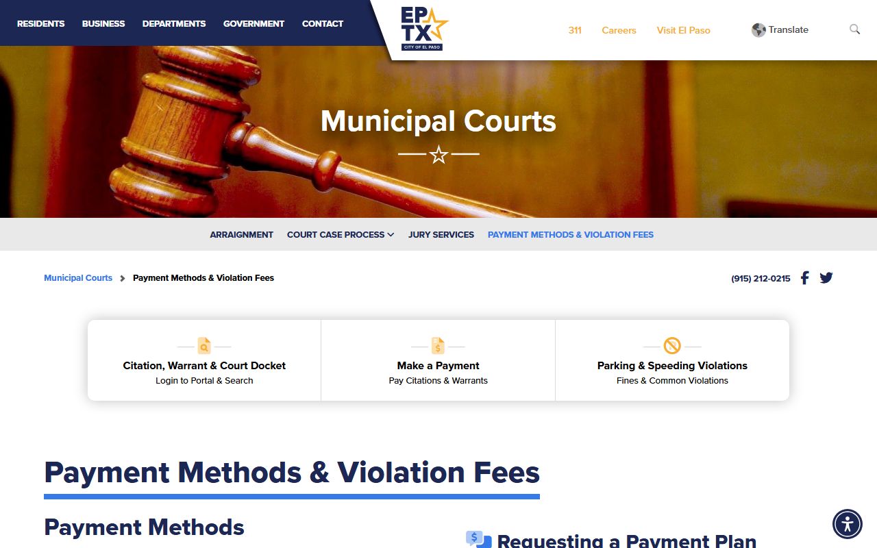El Paso Municipal Court payment methods and violation fees page