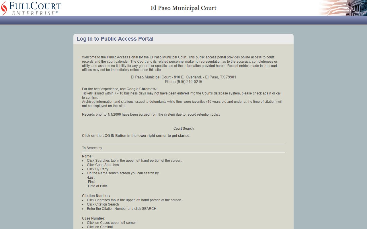 El Paso Municipal Court public access portal