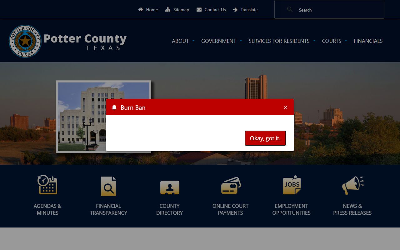Potter County Texas website portal for traffic ticket records and court information