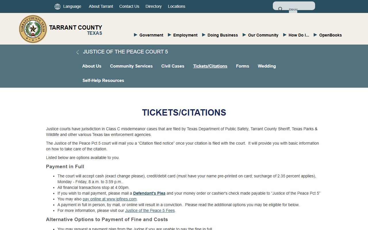 Tarrant County JP Precinct 5 tickets and citations page