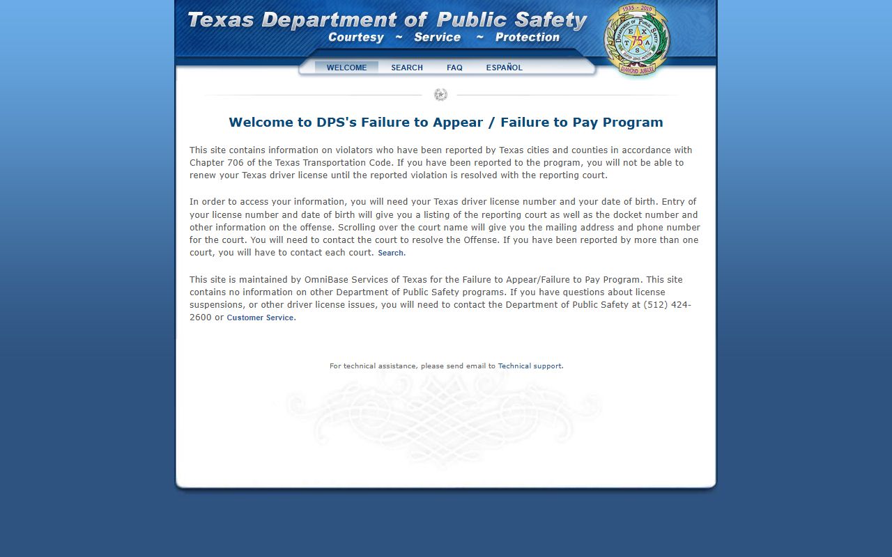 Texas failure to appear OMNI program portal for resolving traffic ticket license holds