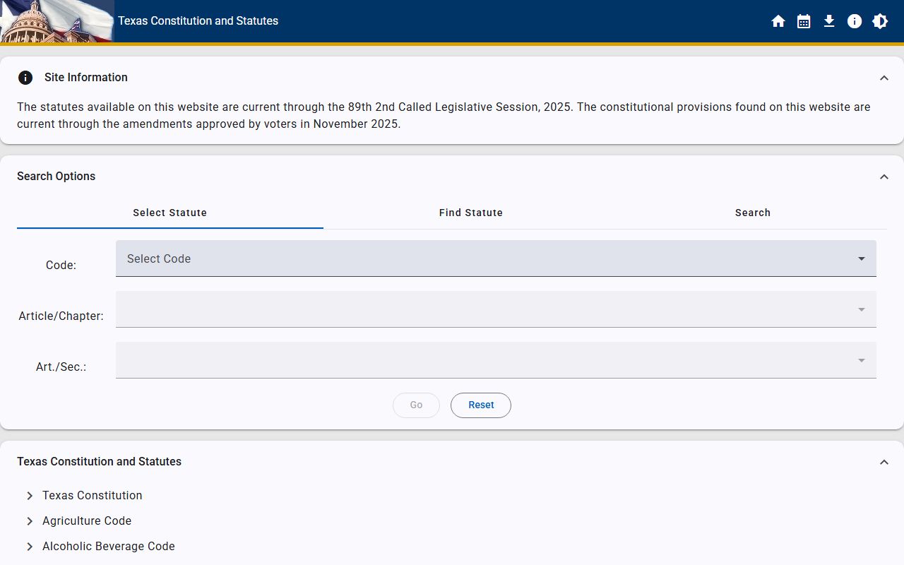 Texas statutes portal showing traffic ticket laws and court procedure references