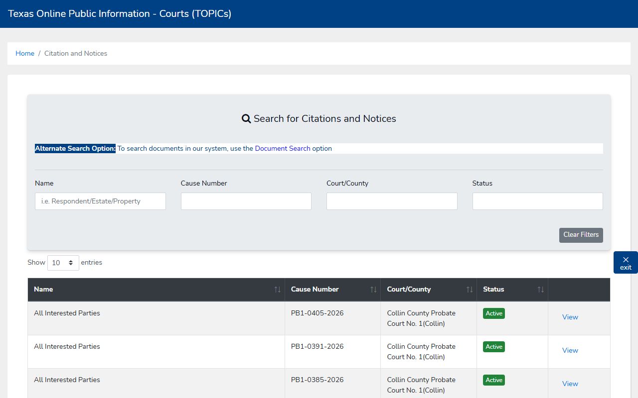 Texas TOPICs statewide citation search portal for traffic ticket records