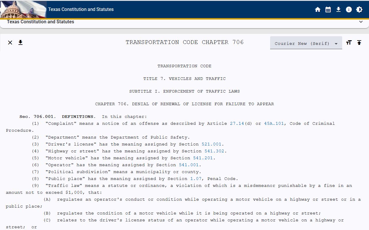 Texas Transportation Code statutes relevant to traffic ticket records and OMNI program